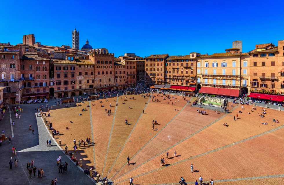 Aerial view of Siena, Campo Square (Piazza del Campo) in Siena, Tuscany, Italy