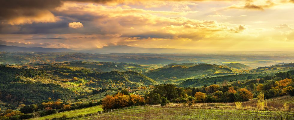 Maremma panorama. Countryside, hills and sea on horizon. Italy